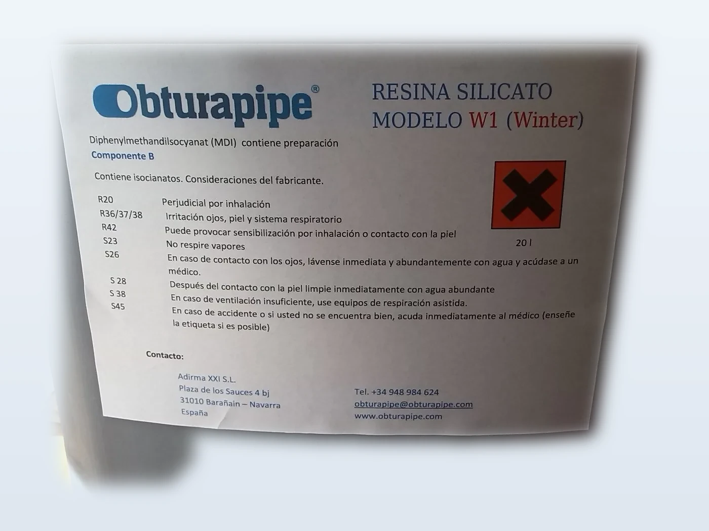 Resina de silicato Obturapipe modelo W1 para rehabilitación puntual